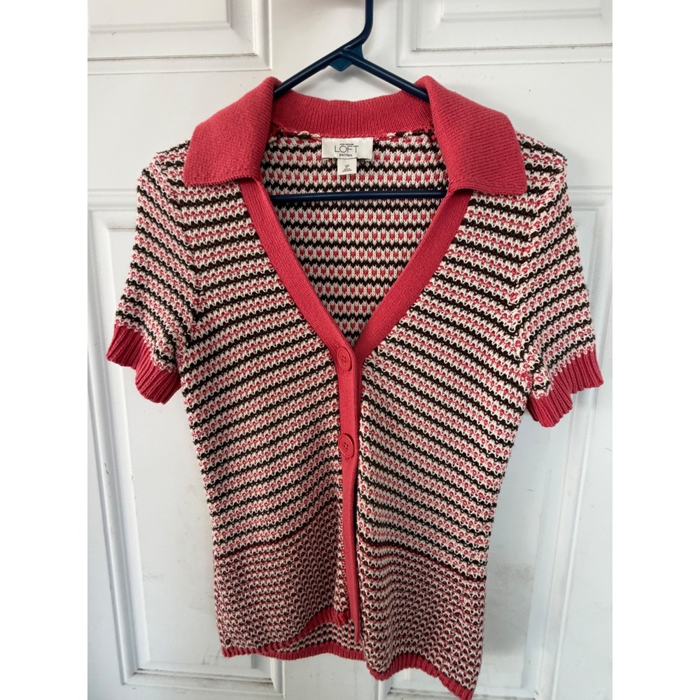 Ann Taylor LOFT Petites Pink Brown Striped Knit Short Sleeve Cardigan Small SP